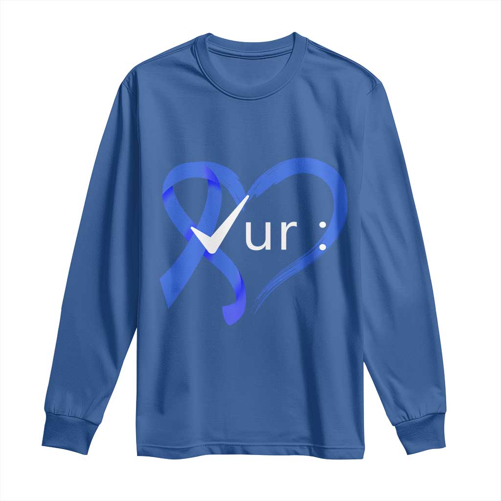 Funny Check Your Colon Colorectal Cancer Support Long Sleeve Shirt Dark Blue Ribbon Heart