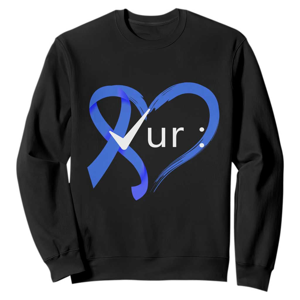 Funny Check Your Colon Colorectal Cancer Support Sweatshirt Dark Blue Ribbon Heart