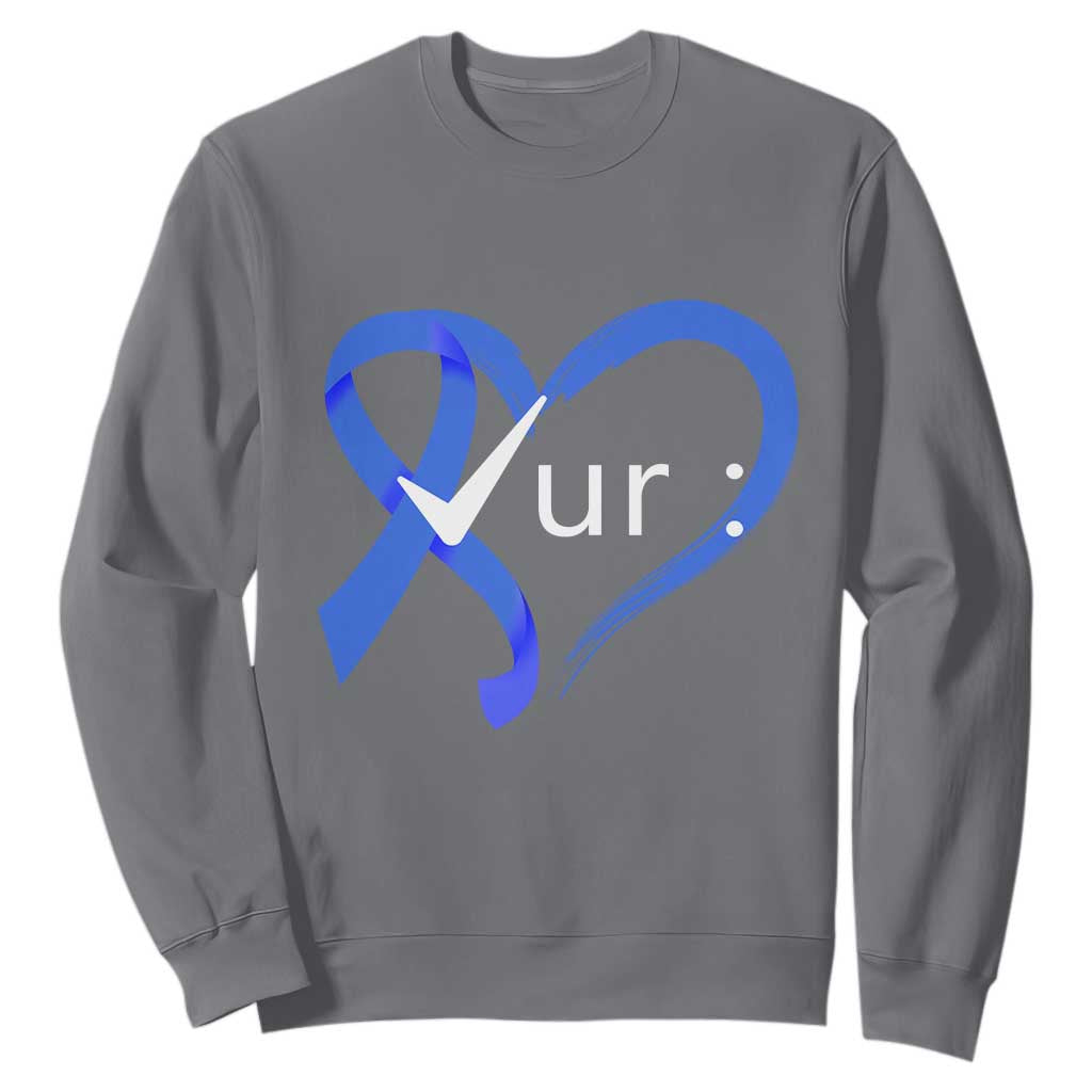 Funny Check Your Colon Colorectal Cancer Support Sweatshirt Dark Blue Ribbon Heart