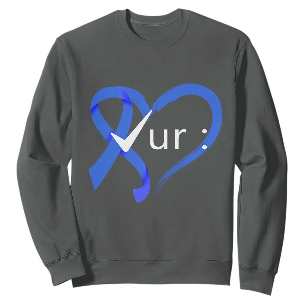 Funny Check Your Colon Colorectal Cancer Support Sweatshirt Dark Blue Ribbon Heart