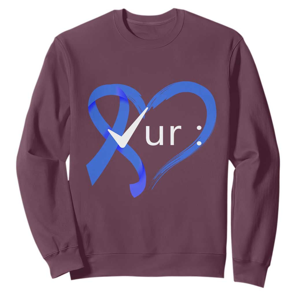 Funny Check Your Colon Colorectal Cancer Support Sweatshirt Dark Blue Ribbon Heart