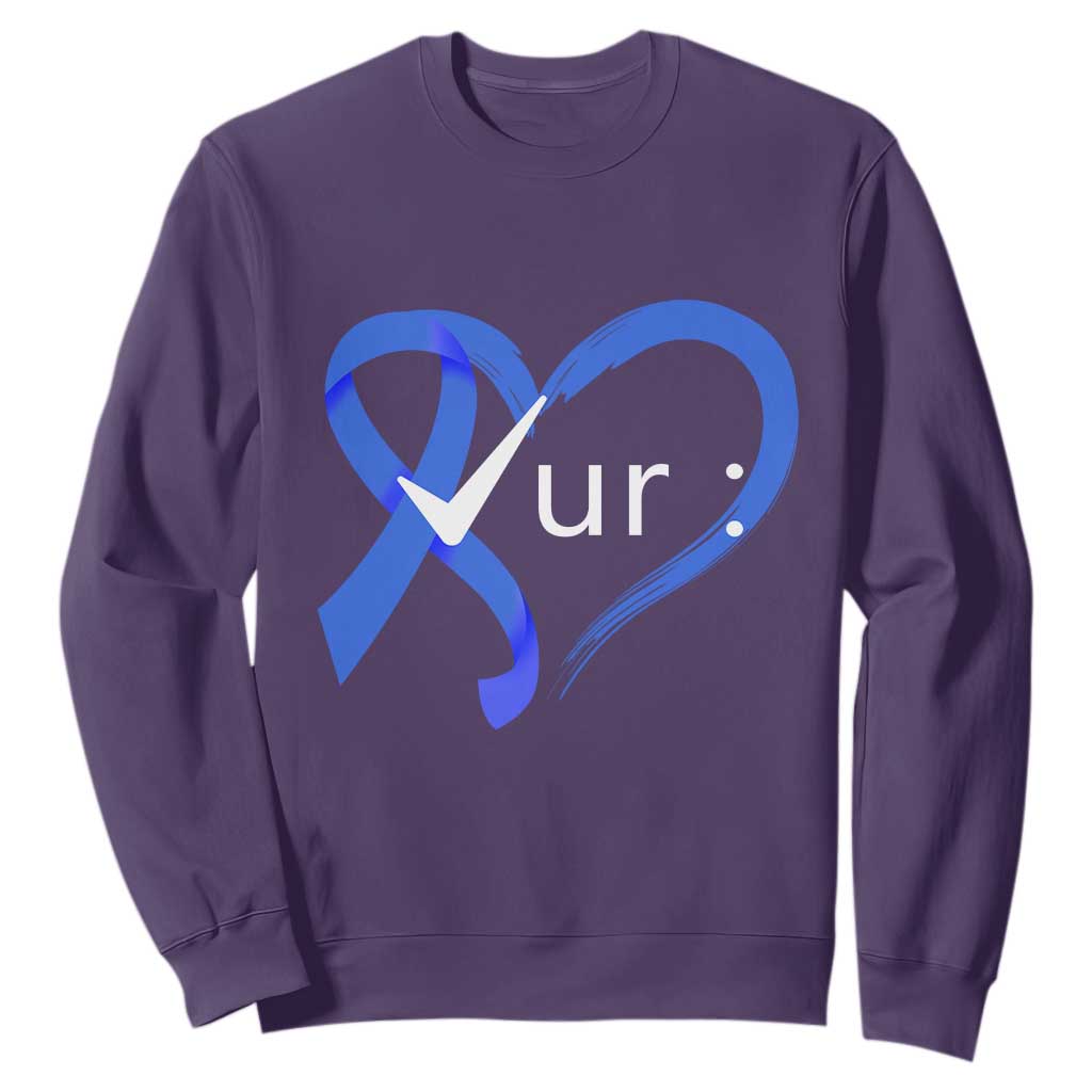 Funny Check Your Colon Colorectal Cancer Support Sweatshirt Dark Blue Ribbon Heart