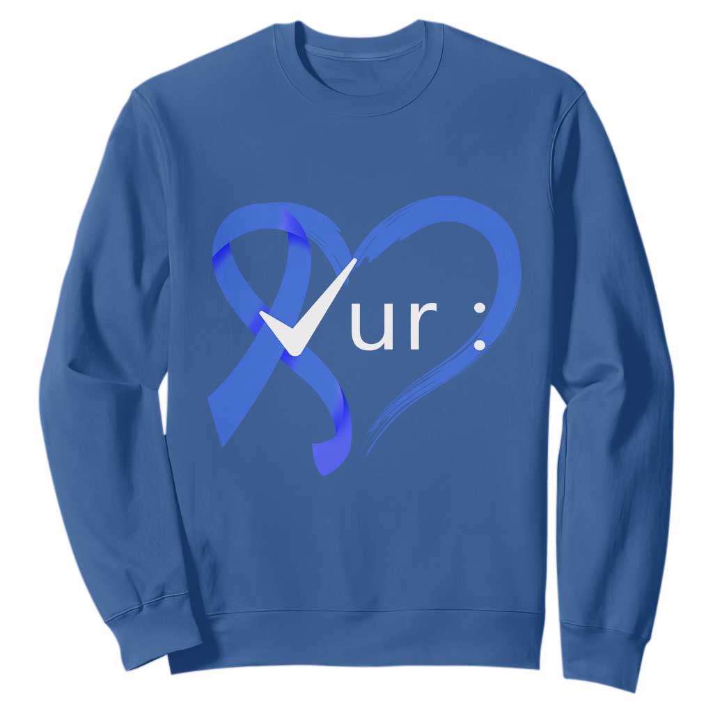 Funny Check Your Colon Colorectal Cancer Support Sweatshirt Dark Blue Ribbon Heart