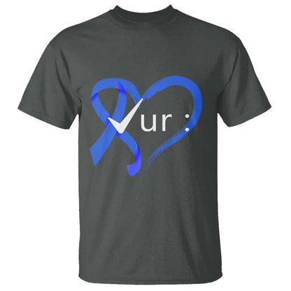 Funny Check Your Colon Colorectal Cancer Support T Shirt Dark Blue Ribbon Heart