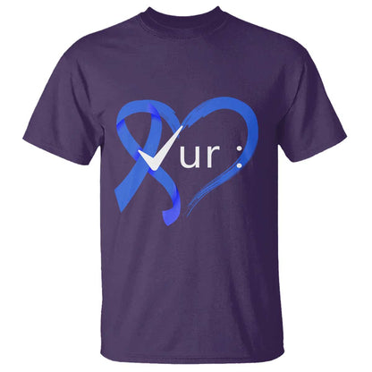 Funny Check Your Colon Colorectal Cancer Support T Shirt Dark Blue Ribbon Heart