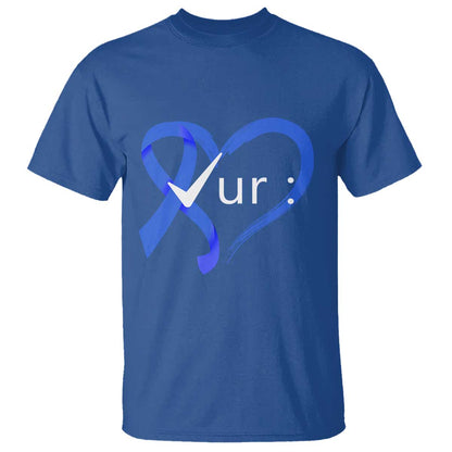 Funny Check Your Colon Colorectal Cancer Support T Shirt Dark Blue Ribbon Heart