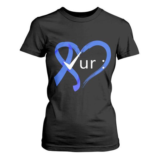 Funny Check Your Colon Colorectal Cancer Support T Shirt For Women Dark Blue Ribbon Heart