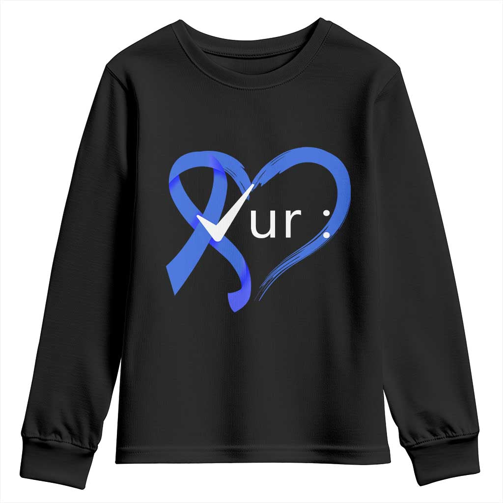 Funny Check Your Colon Colorectal Cancer Support Youth Sweatshirt Dark Blue Ribbon Heart