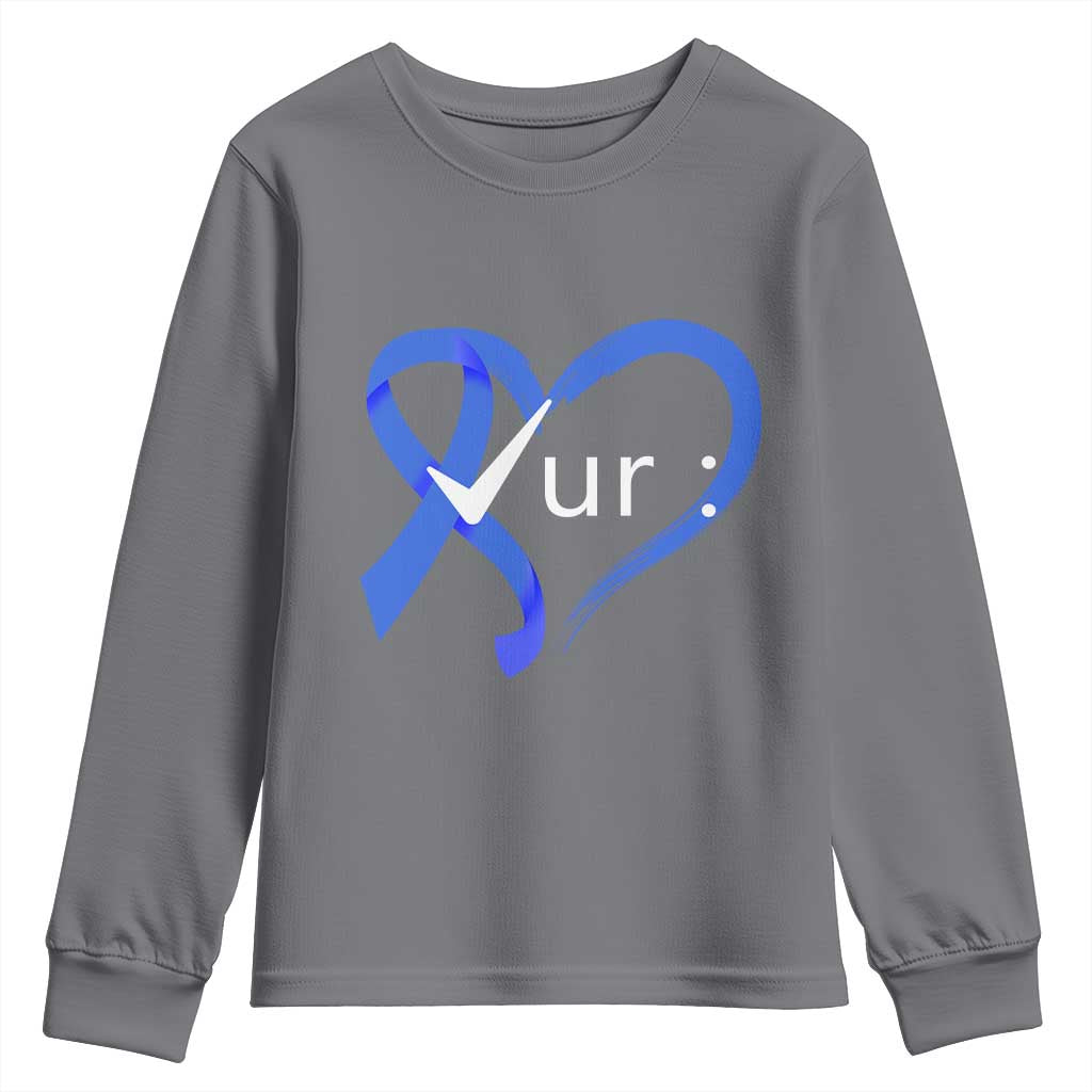 Funny Check Your Colon Colorectal Cancer Support Youth Sweatshirt Dark Blue Ribbon Heart