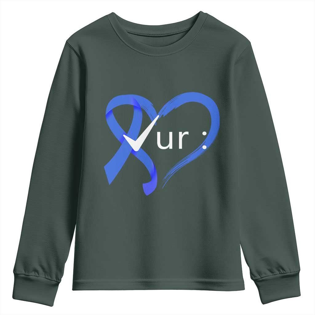 Funny Check Your Colon Colorectal Cancer Support Youth Sweatshirt Dark Blue Ribbon Heart