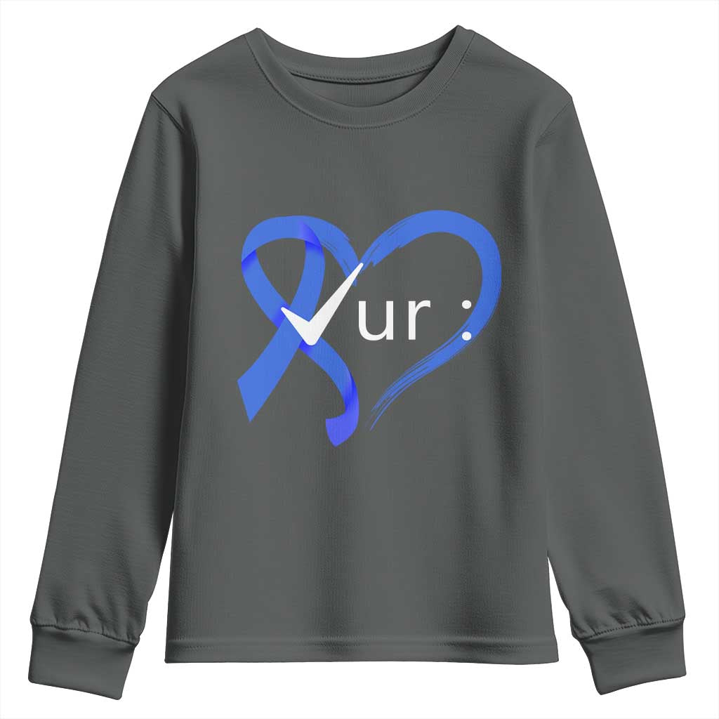 Funny Check Your Colon Colorectal Cancer Support Youth Sweatshirt Dark Blue Ribbon Heart