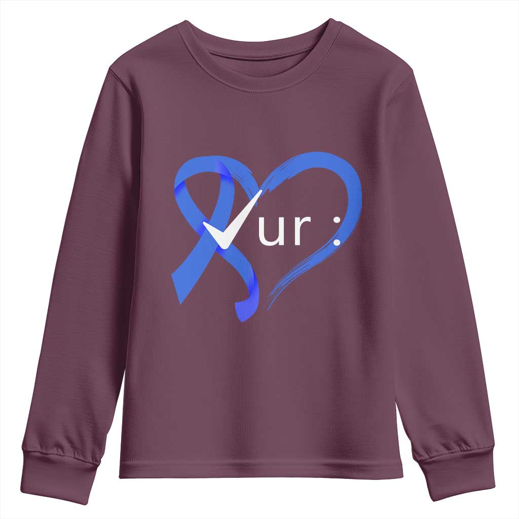 Funny Check Your Colon Colorectal Cancer Support Youth Sweatshirt Dark Blue Ribbon Heart
