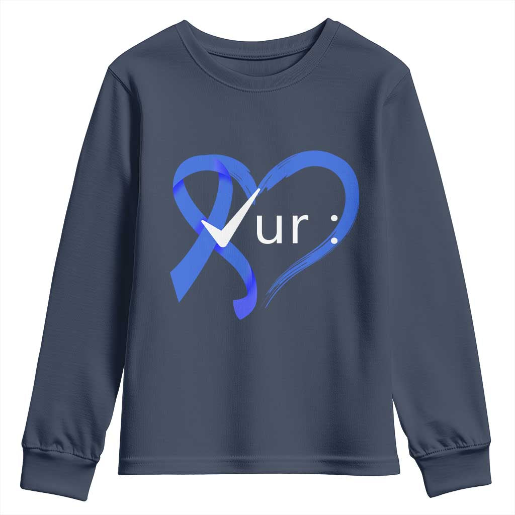 Funny Check Your Colon Colorectal Cancer Support Youth Sweatshirt Dark Blue Ribbon Heart