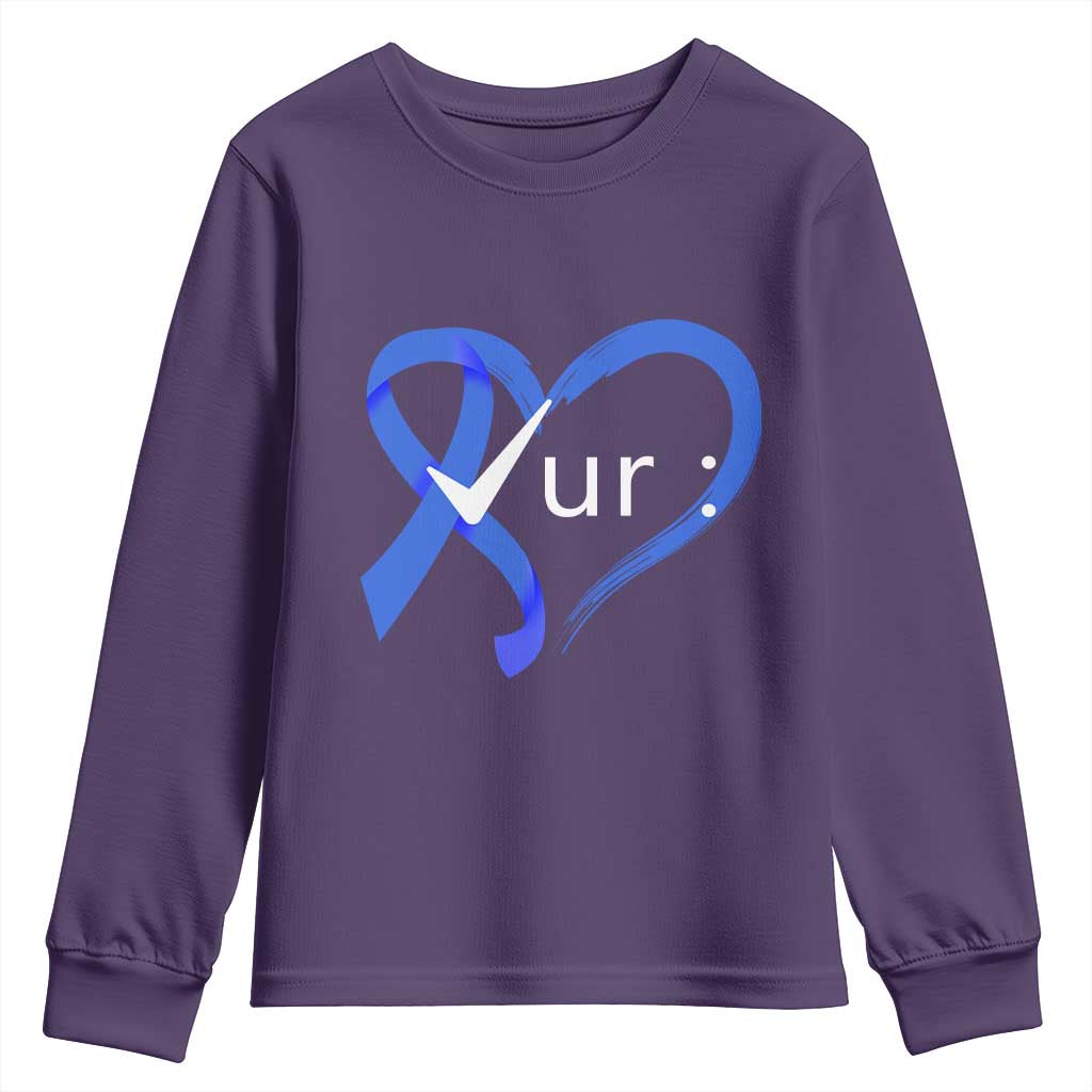 Funny Check Your Colon Colorectal Cancer Support Youth Sweatshirt Dark Blue Ribbon Heart