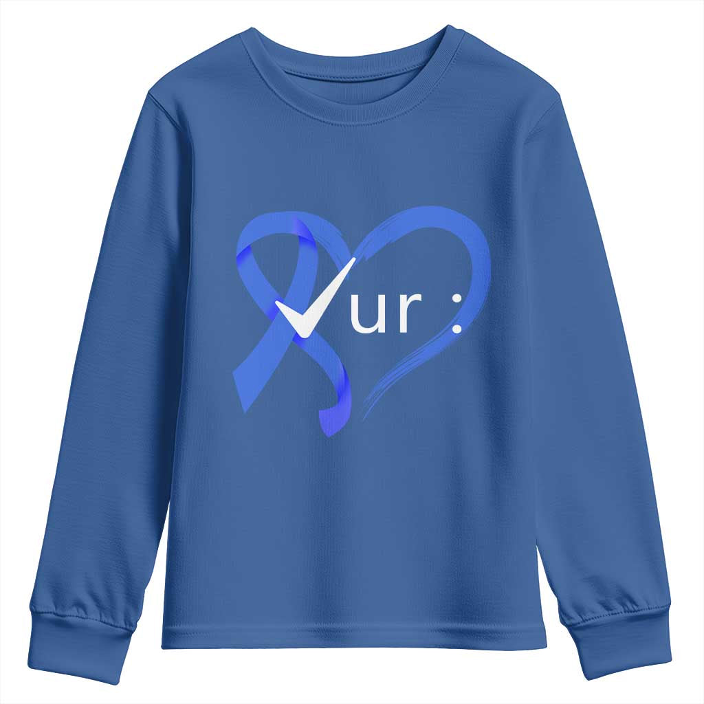 Funny Check Your Colon Colorectal Cancer Support Youth Sweatshirt Dark Blue Ribbon Heart