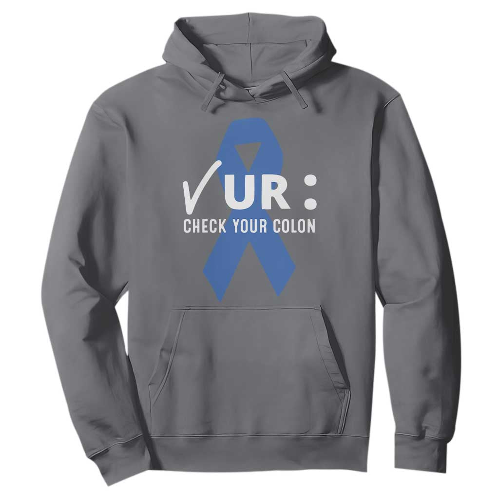 Funny Check Your Colon Colorectal Cancer Support Hoodie Dark Blue Ribbon