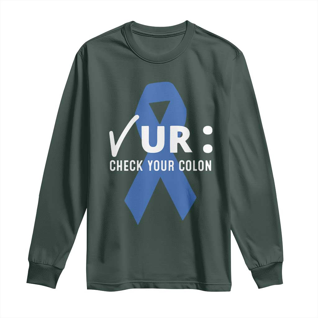 Funny Check Your Colon Colorectal Cancer Support Long Sleeve Shirt Dark Blue Ribbon