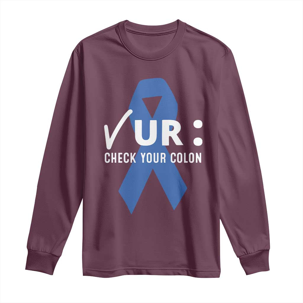 Funny Check Your Colon Colorectal Cancer Support Long Sleeve Shirt Dark Blue Ribbon