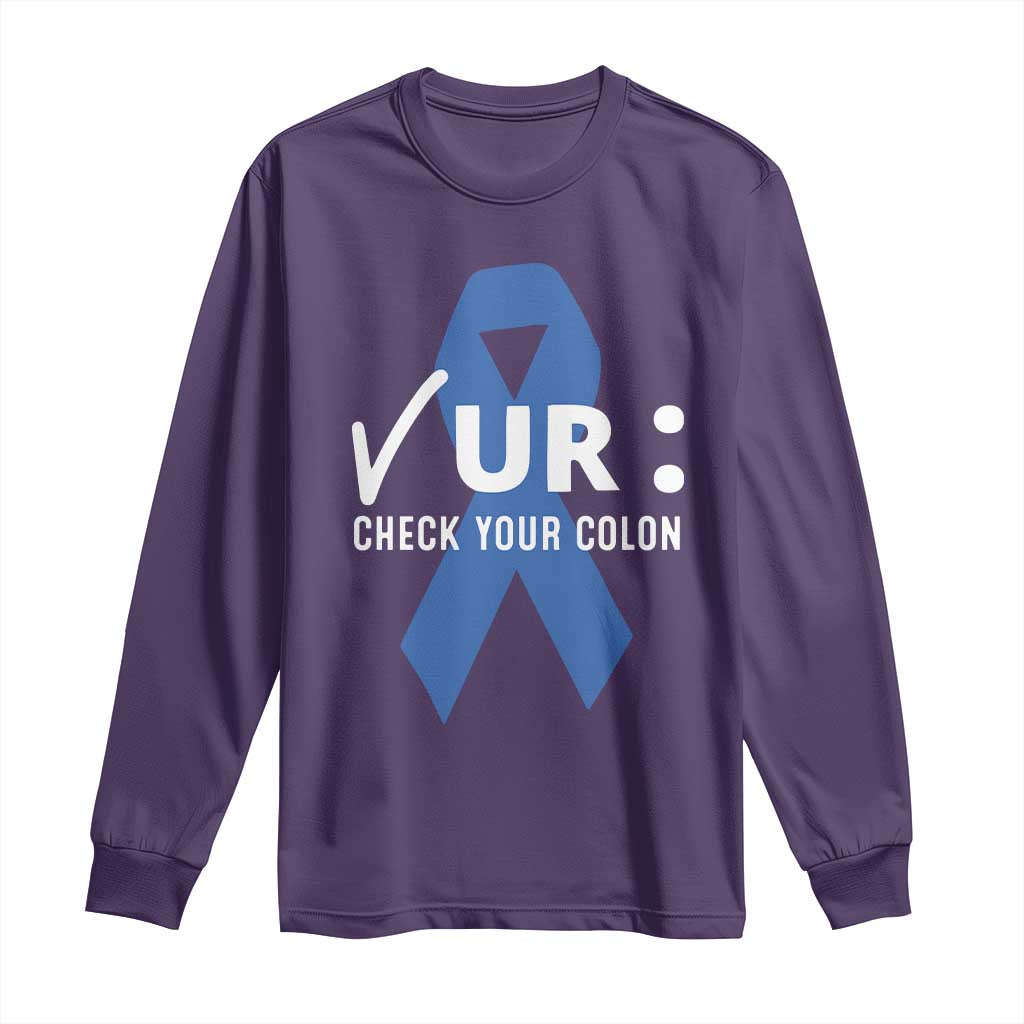 Funny Check Your Colon Colorectal Cancer Support Long Sleeve Shirt Dark Blue Ribbon