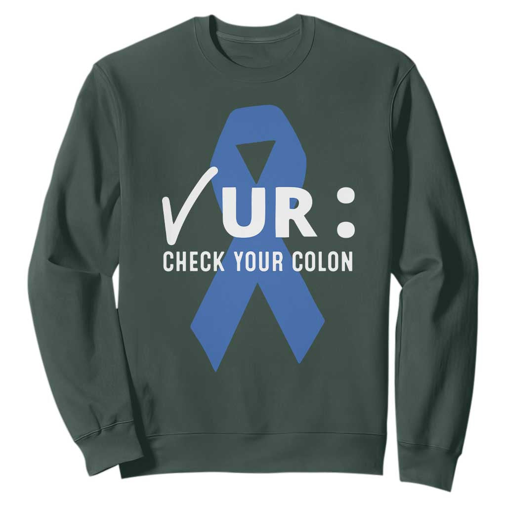 Funny Check Your Colon Colorectal Cancer Support Sweatshirt Dark Blue Ribbon