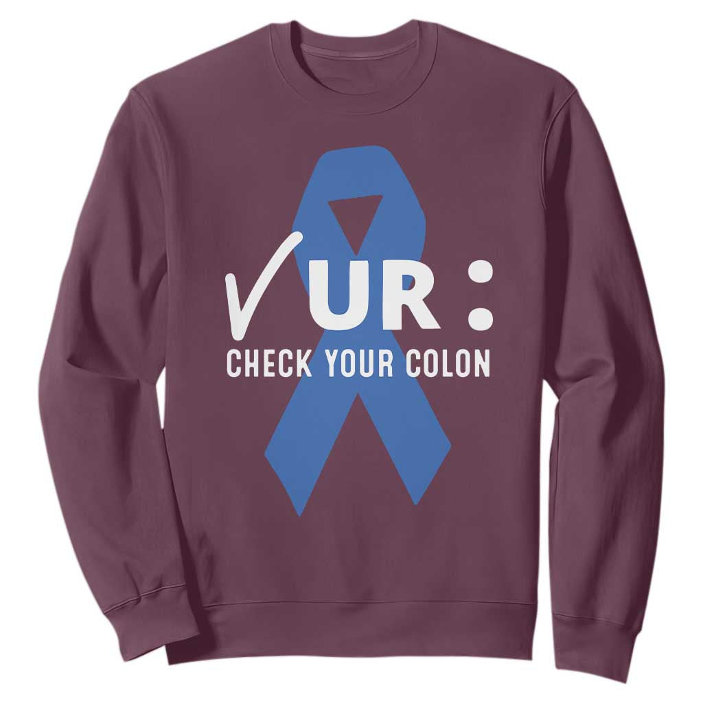 Funny Check Your Colon Colorectal Cancer Support Sweatshirt Dark Blue Ribbon