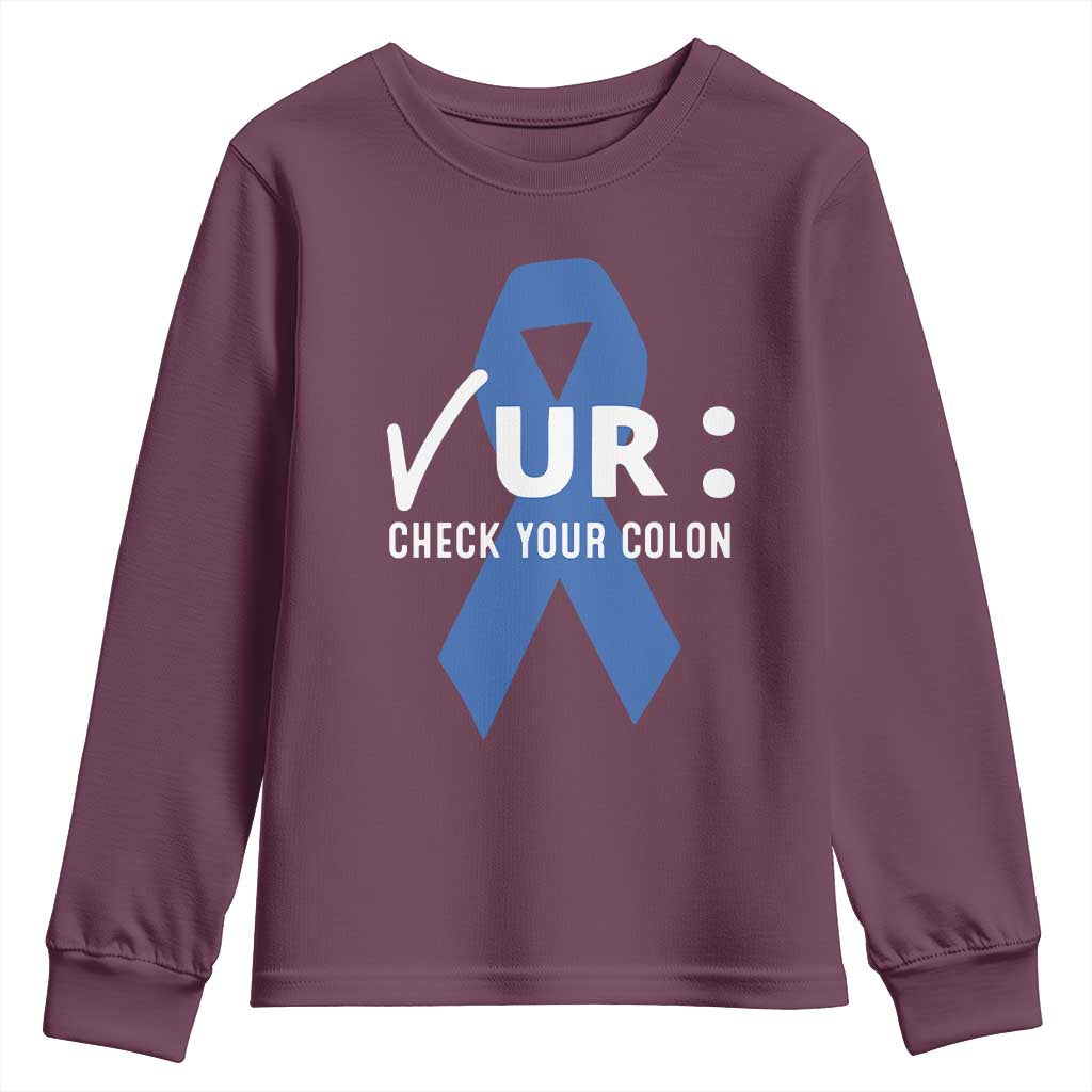 Funny Check Your Colon Colorectal Cancer Support Youth Sweatshirt Dark Blue Ribbon