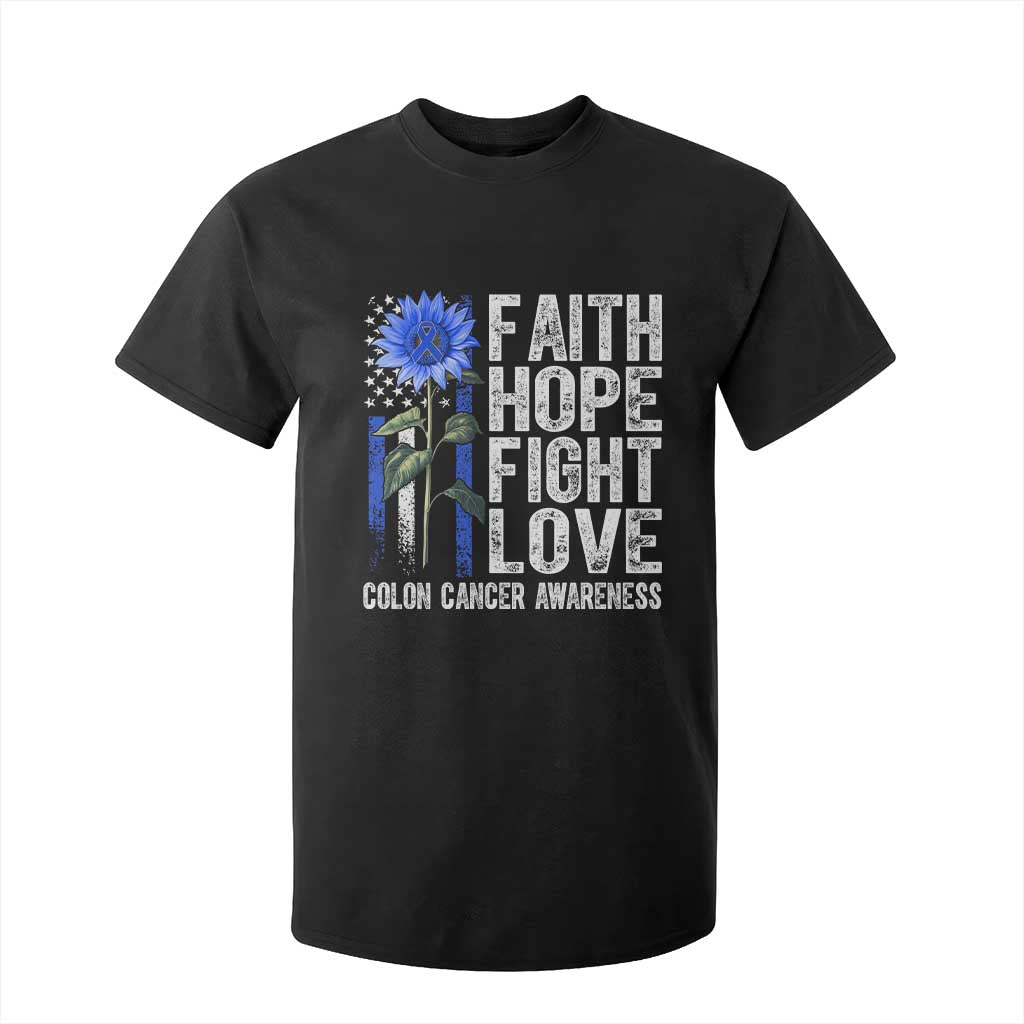 Colon Cancer Support T Shirt For Kid Faith Hope Fight Love Sunflower USA Flag