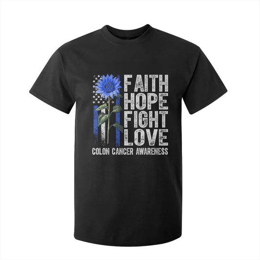 Colon Cancer Support T Shirt For Kid Faith Hope Fight Love Sunflower USA Flag