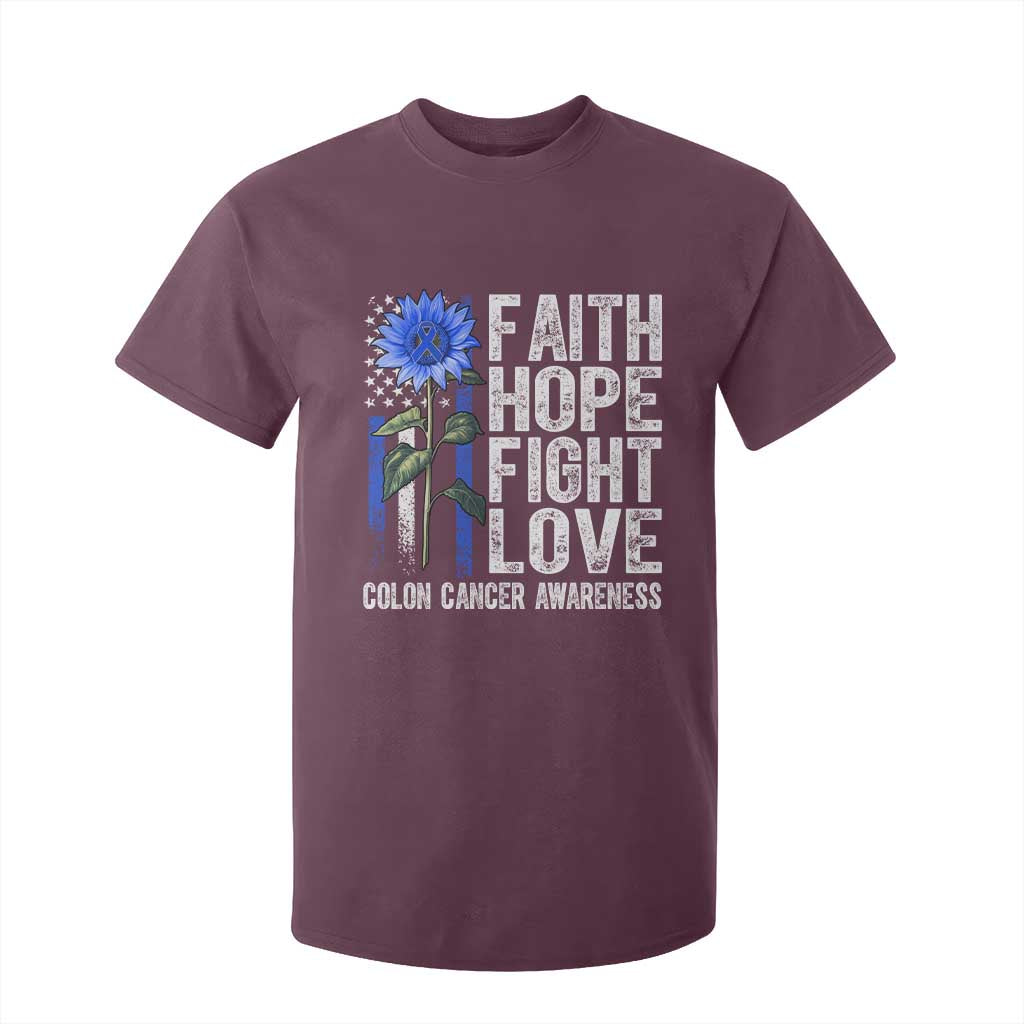 Colon Cancer Support T Shirt For Kid Faith Hope Fight Love Sunflower USA Flag
