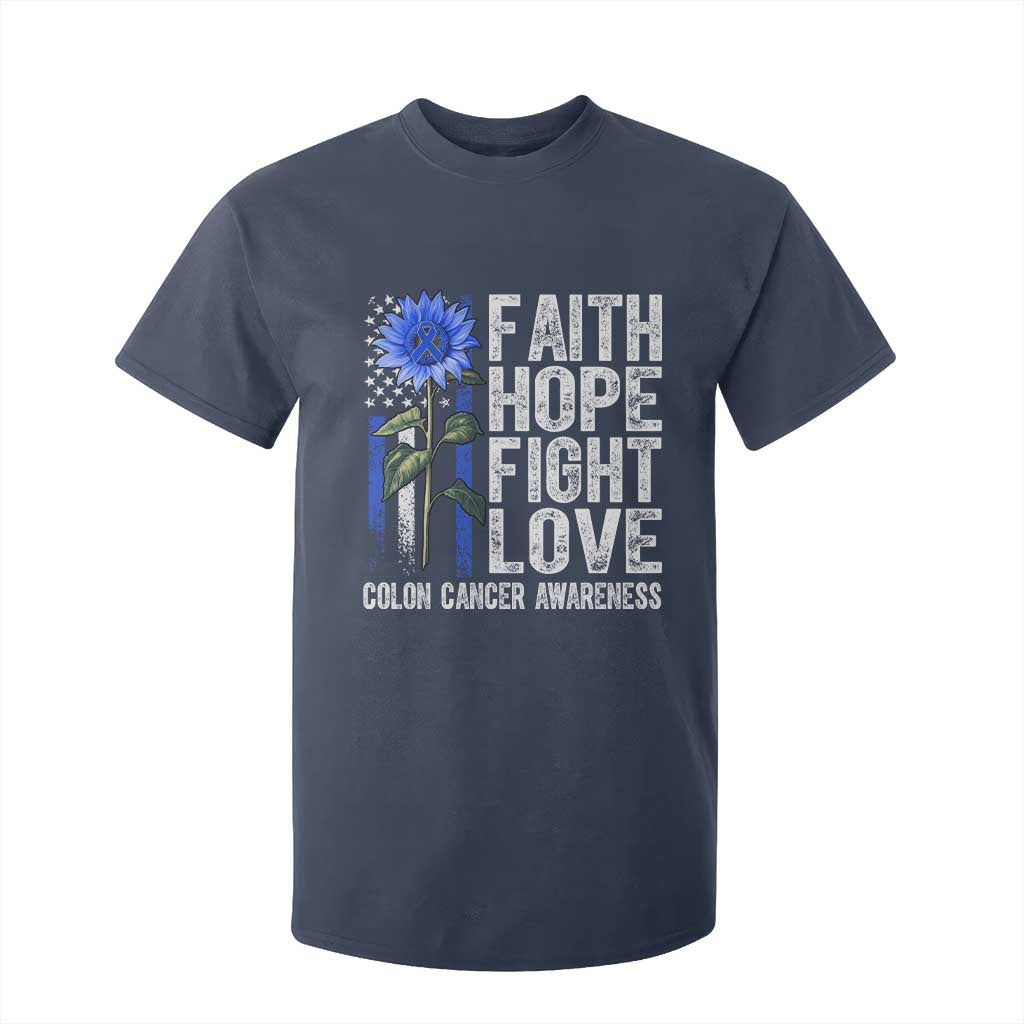 Colon Cancer Support T Shirt For Kid Faith Hope Fight Love Sunflower USA Flag
