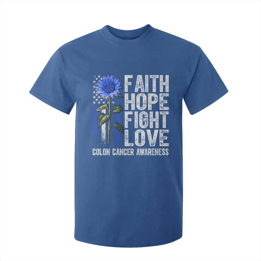 Colon Cancer Support T Shirt For Kid Faith Hope Fight Love Sunflower USA Flag