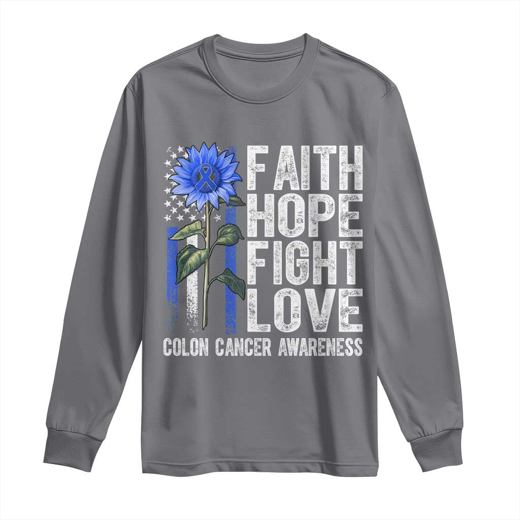 Colon Cancer Support Long Sleeve Shirt Faith Hope Fight Love Sunflower USA Flag
