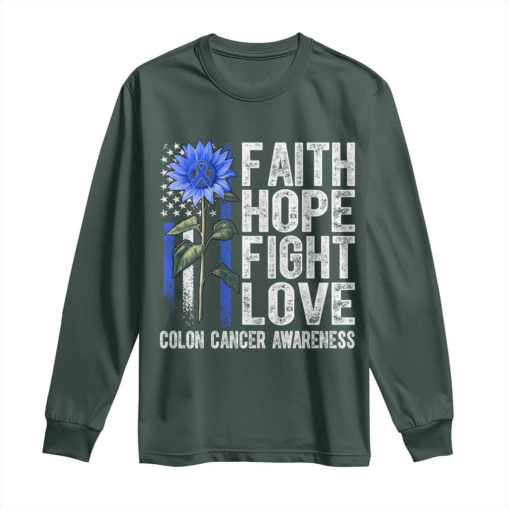 Colon Cancer Support Long Sleeve Shirt Faith Hope Fight Love Sunflower USA Flag