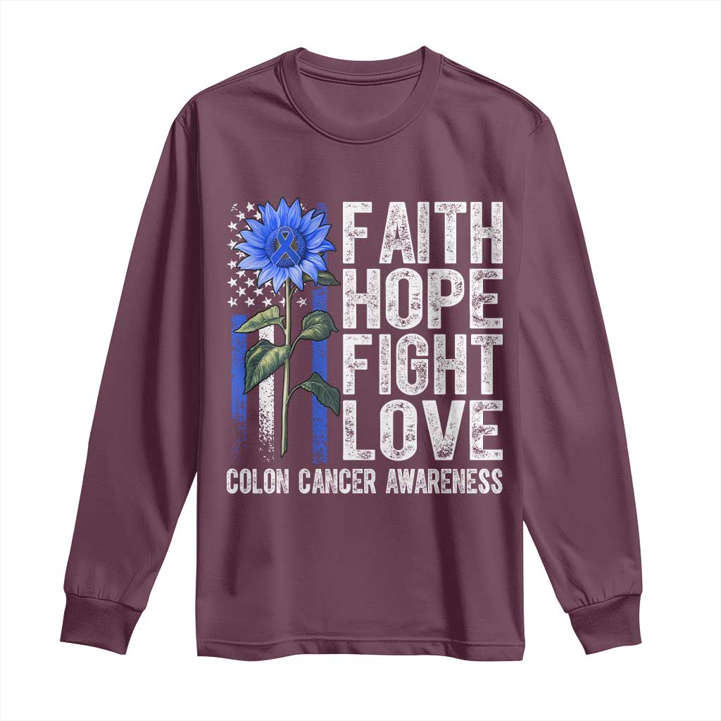 Colon Cancer Support Long Sleeve Shirt Faith Hope Fight Love Sunflower USA Flag