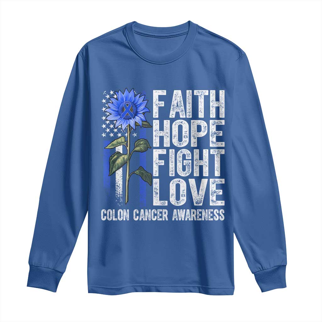 Colon Cancer Support Long Sleeve Shirt Faith Hope Fight Love Sunflower USA Flag