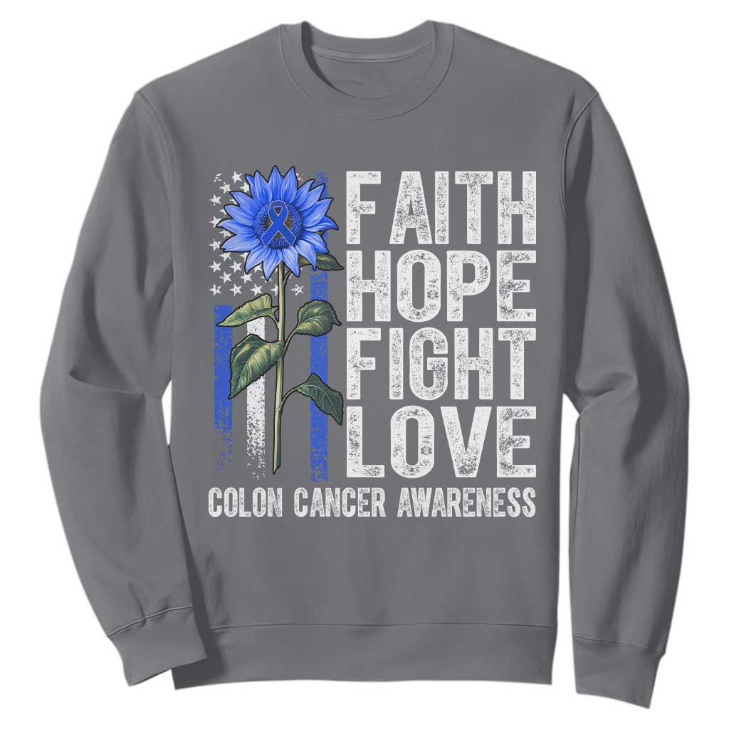 Colon Cancer Support Sweatshirt Faith Hope Fight Love Sunflower USA Flag