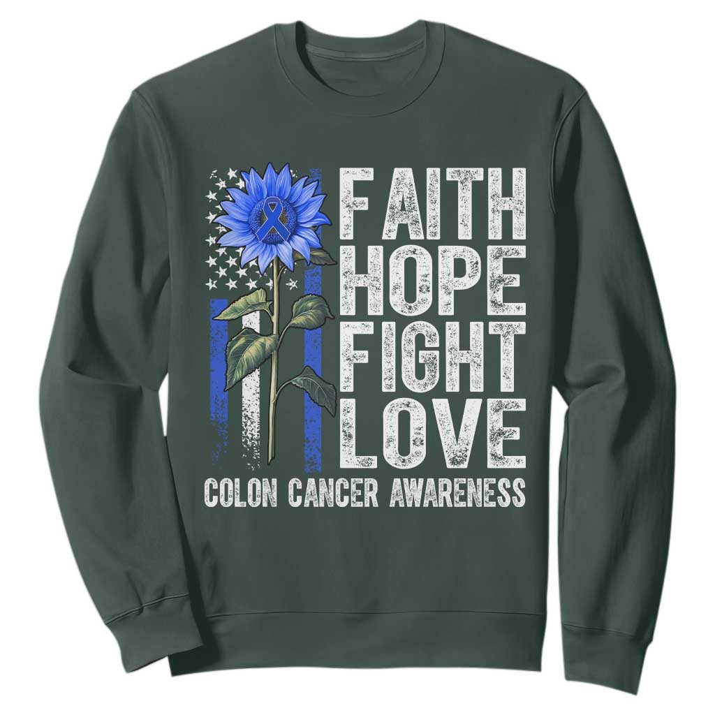 Colon Cancer Support Sweatshirt Faith Hope Fight Love Sunflower USA Flag