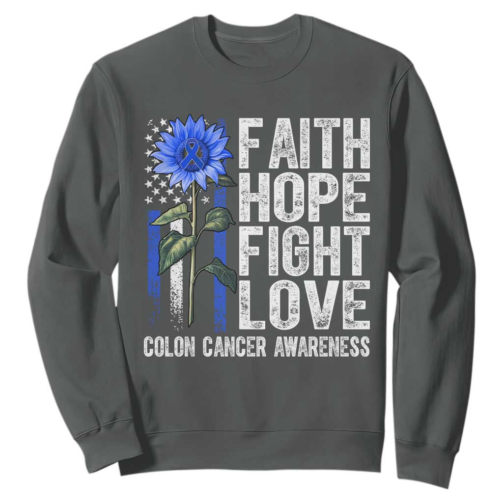 Colon Cancer Support Sweatshirt Faith Hope Fight Love Sunflower USA Flag