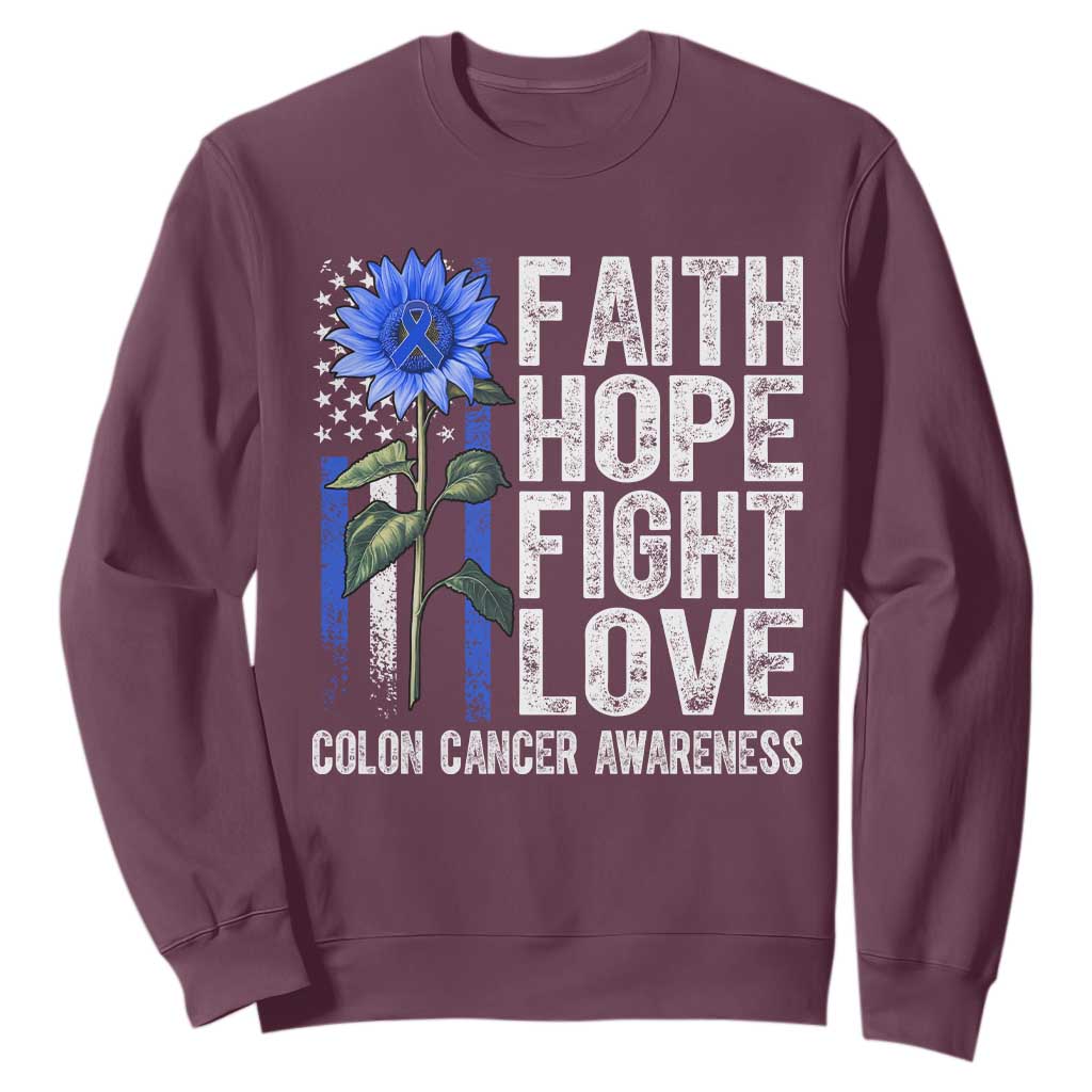 Colon Cancer Support Sweatshirt Faith Hope Fight Love Sunflower USA Flag