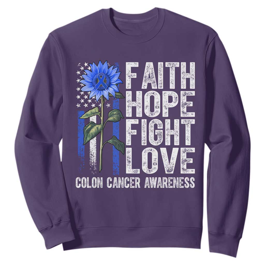 Colon Cancer Support Sweatshirt Faith Hope Fight Love Sunflower USA Flag