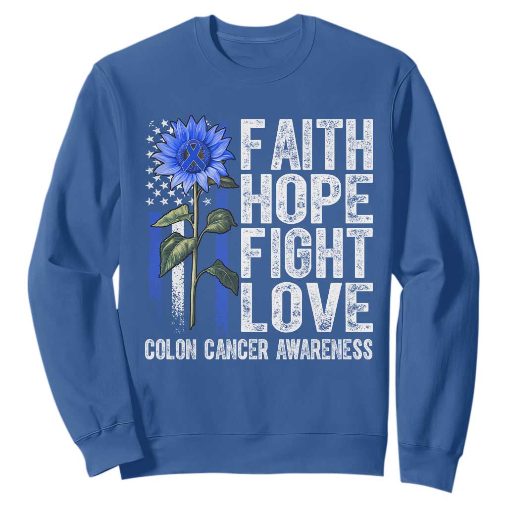 Colon Cancer Support Sweatshirt Faith Hope Fight Love Sunflower USA Flag