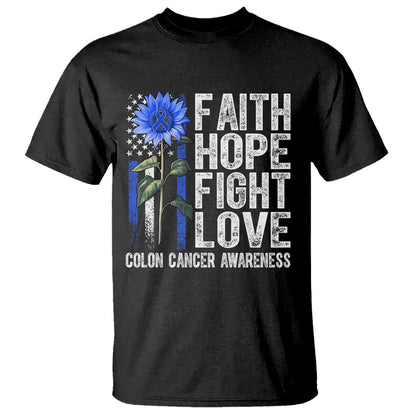 Colon Cancer Support T Shirt Faith Hope Fight Love Sunflower USA Flag