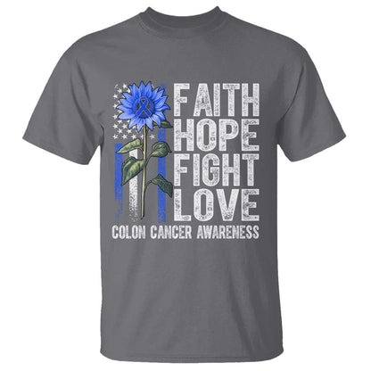 Colon Cancer Support T Shirt Faith Hope Fight Love Sunflower USA Flag