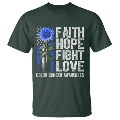 Colon Cancer Support T Shirt Faith Hope Fight Love Sunflower USA Flag