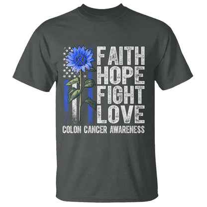 Colon Cancer Support T Shirt Faith Hope Fight Love Sunflower USA Flag
