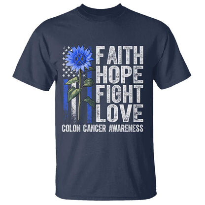 Colon Cancer Support T Shirt Faith Hope Fight Love Sunflower USA Flag
