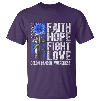 Colon Cancer Support T Shirt Faith Hope Fight Love Sunflower USA Flag