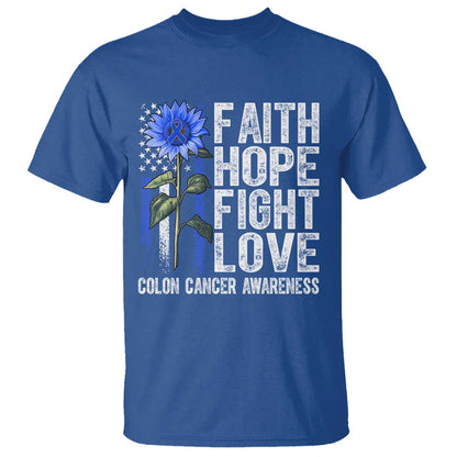 Colon Cancer Support T Shirt Faith Hope Fight Love Sunflower USA Flag