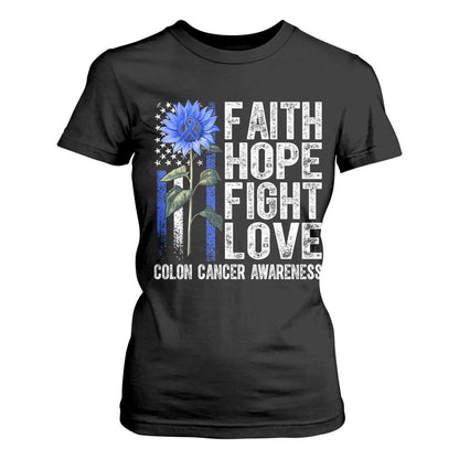 Colon Cancer Support T Shirt For Women Faith Hope Fight Love Sunflower USA Flag