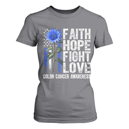 Colon Cancer Support T Shirt For Women Faith Hope Fight Love Sunflower USA Flag